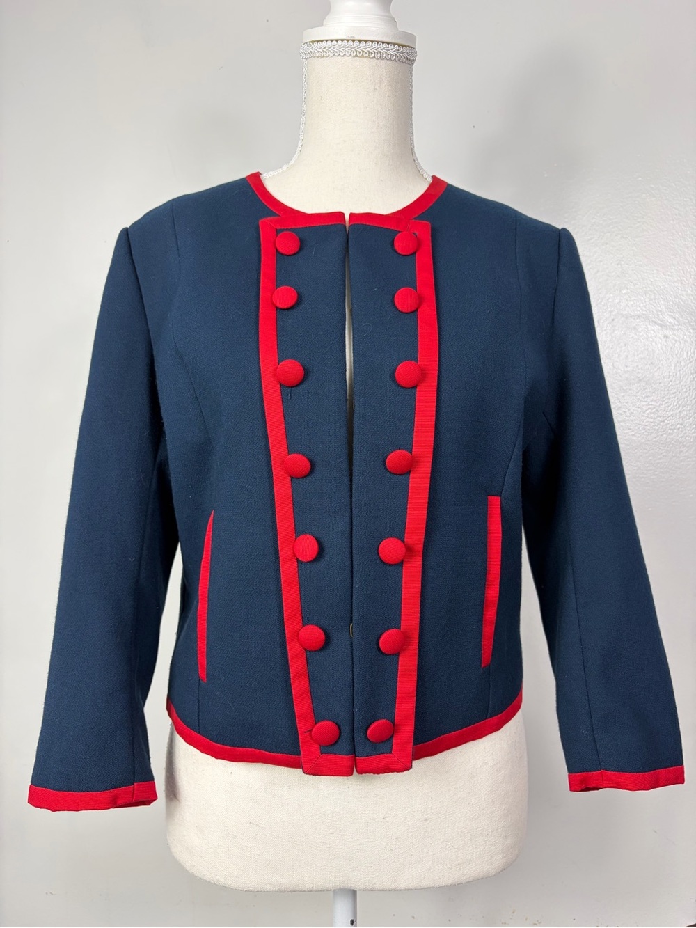 H&M Navy and Red Trim Military inspired crop blazer sz 10 circa 2012